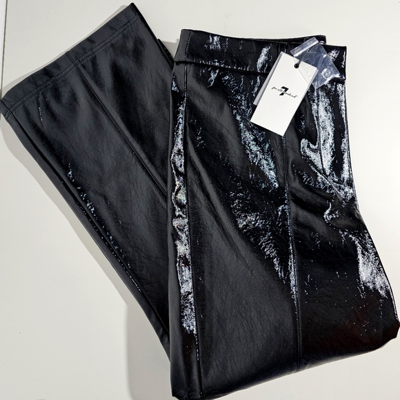 NWT • SEVEN FOR ALL MANKIND • Shiny Black Cropped Faux Leather Wide Leg Pants - Picture 1 of 8